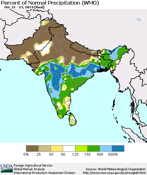 Southern Asia Percent of Normal Precipitation (WMO) Thematic Map For 10/21/2019 - 10/27/2019
