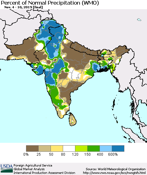 Southern Asia Percent of Normal Precipitation (WMO) Thematic Map For 11/4/2019 - 11/10/2019