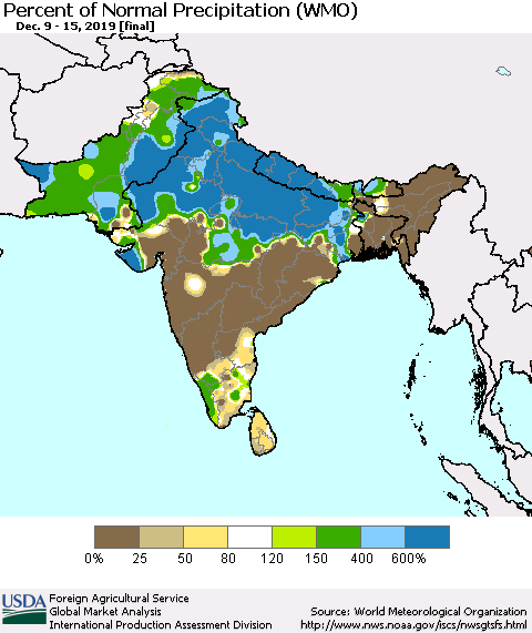 Southern Asia Percent of Normal Precipitation (WMO) Thematic Map For 12/9/2019 - 12/15/2019