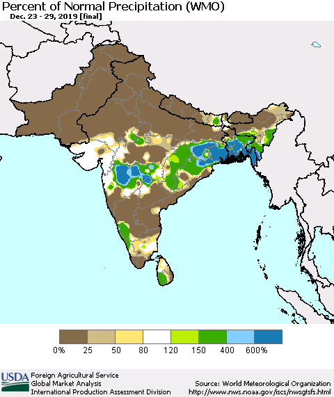 Southern Asia Percent of Normal Precipitation (WMO) Thematic Map For 12/23/2019 - 12/29/2019