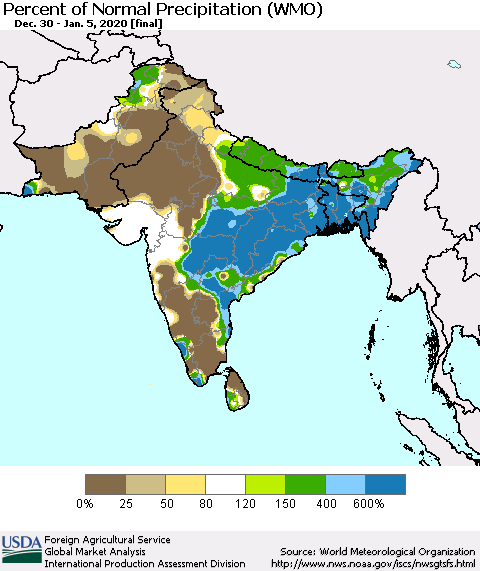 Southern Asia Percent of Normal Precipitation (WMO) Thematic Map For 12/30/2019 - 1/5/2020