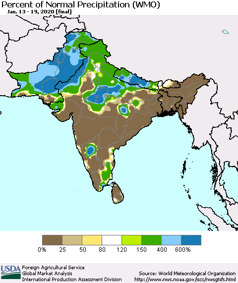 Southern Asia Percent of Normal Precipitation (WMO) Thematic Map For 1/13/2020 - 1/19/2020