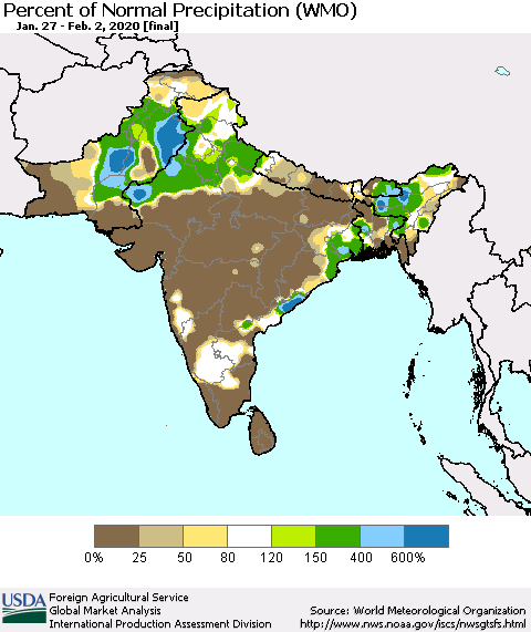 Southern Asia Percent of Normal Precipitation (WMO) Thematic Map For 1/27/2020 - 2/2/2020