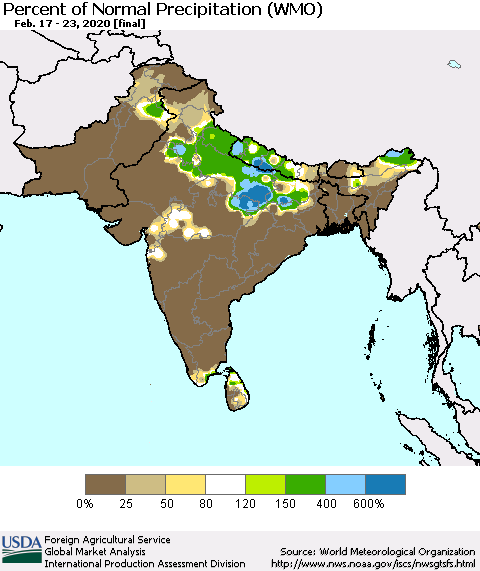 Southern Asia Percent of Normal Precipitation (WMO) Thematic Map For 2/17/2020 - 2/23/2020
