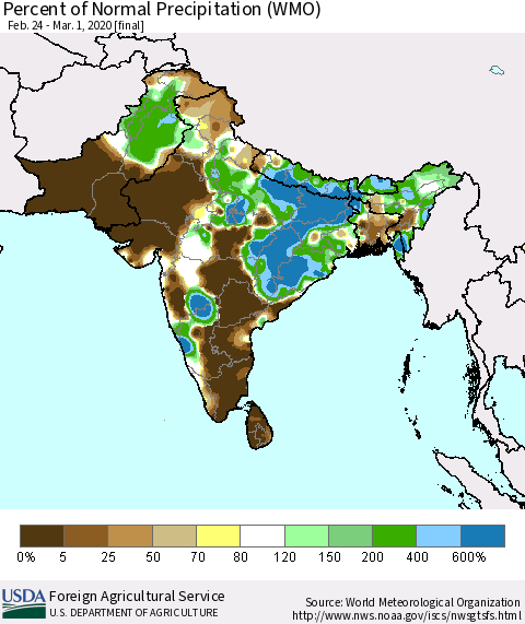 Southern Asia Percent of Normal Precipitation (WMO) Thematic Map For 2/24/2020 - 3/1/2020