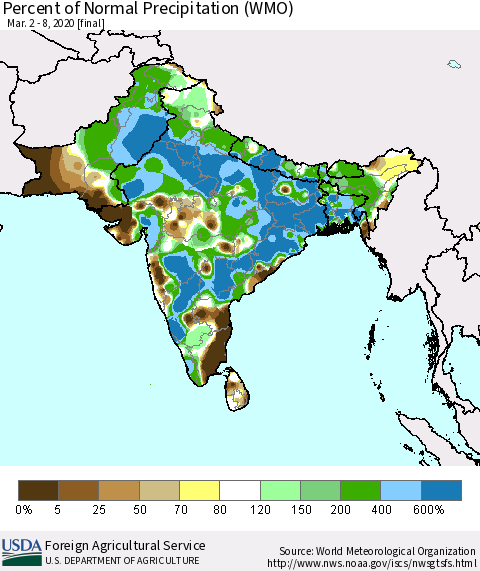 Southern Asia Percent of Normal Precipitation (WMO) Thematic Map For 3/2/2020 - 3/8/2020