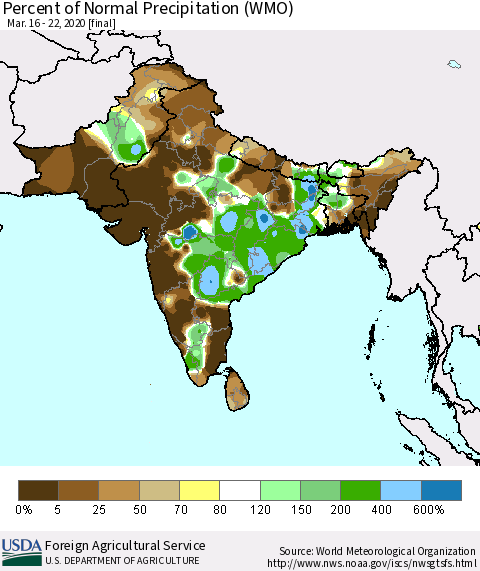 Southern Asia Percent of Normal Precipitation (WMO) Thematic Map For 3/16/2020 - 3/22/2020