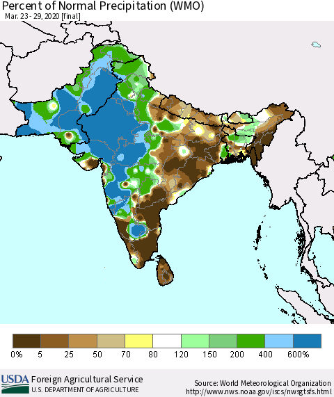 Southern Asia Percent of Normal Precipitation (WMO) Thematic Map For 3/23/2020 - 3/29/2020