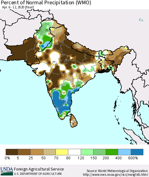 Southern Asia Percent of Normal Precipitation (WMO) Thematic Map For 4/6/2020 - 4/12/2020
