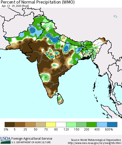 Southern Asia Percent of Normal Precipitation (WMO) Thematic Map For 4/13/2020 - 4/19/2020