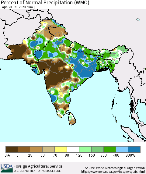 Southern Asia Percent of Normal Precipitation (WMO) Thematic Map For 4/20/2020 - 4/26/2020