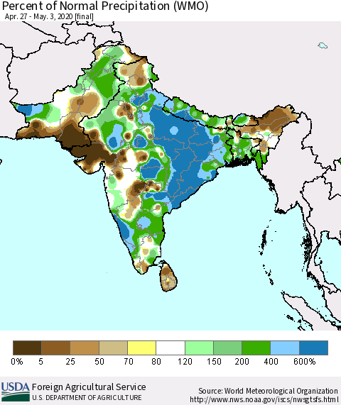 Southern Asia Percent of Normal Precipitation (WMO) Thematic Map For 4/27/2020 - 5/3/2020