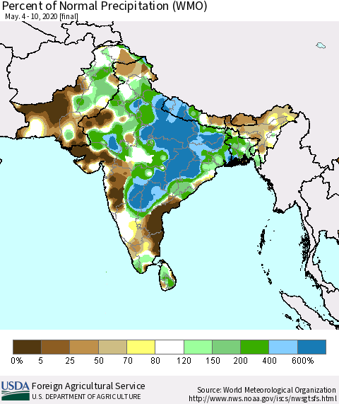 Southern Asia Percent of Normal Precipitation (WMO) Thematic Map For 5/4/2020 - 5/10/2020