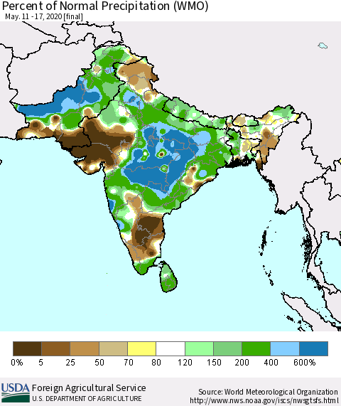 Southern Asia Percent of Normal Precipitation (WMO) Thematic Map For 5/11/2020 - 5/17/2020