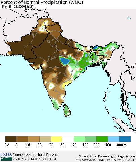 Southern Asia Percent of Normal Precipitation (WMO) Thematic Map For 5/18/2020 - 5/24/2020