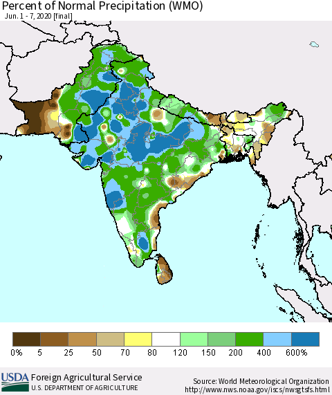 Southern Asia Percent of Normal Precipitation (WMO) Thematic Map For 6/1/2020 - 6/7/2020