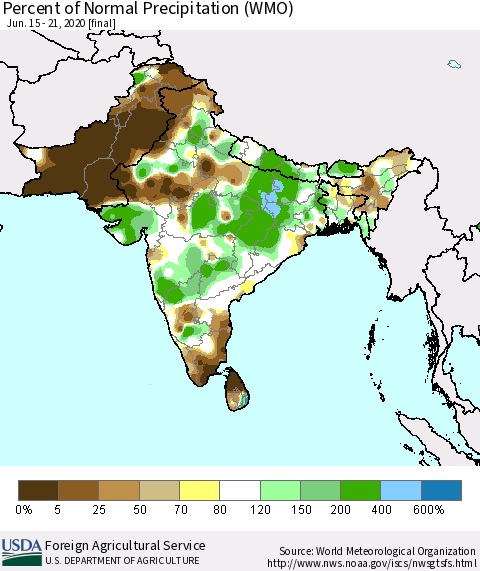 Southern Asia Percent of Normal Precipitation (WMO) Thematic Map For 6/15/2020 - 6/21/2020