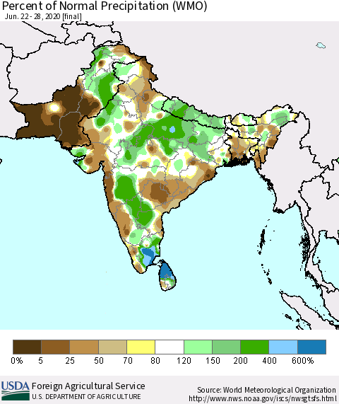 Southern Asia Percent of Normal Precipitation (WMO) Thematic Map For 6/22/2020 - 6/28/2020