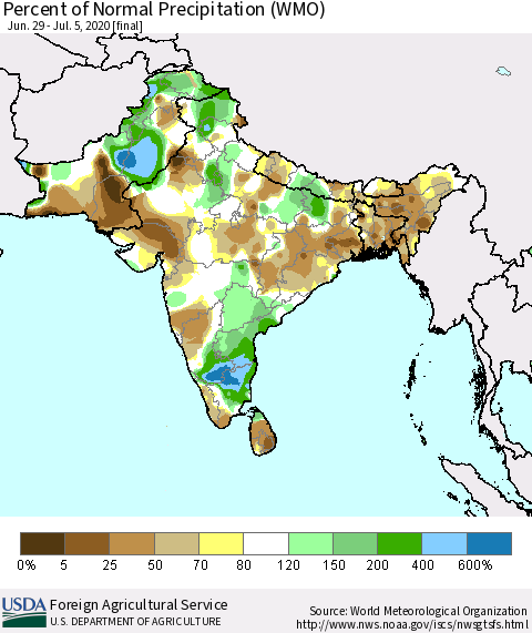 Southern Asia Percent of Normal Precipitation (WMO) Thematic Map For 6/29/2020 - 7/5/2020