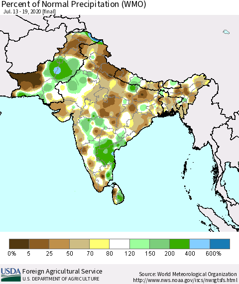 Southern Asia Percent of Normal Precipitation (WMO) Thematic Map For 7/13/2020 - 7/19/2020