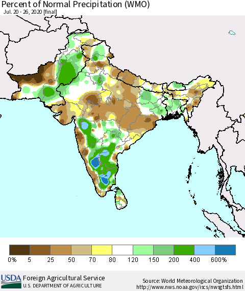 Southern Asia Percent of Normal Precipitation (WMO) Thematic Map For 7/20/2020 - 7/26/2020