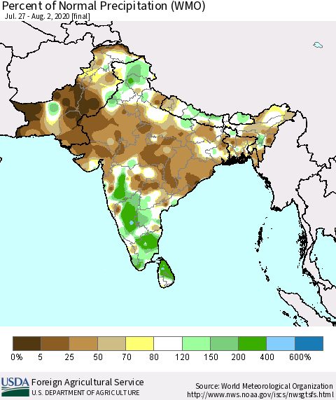 Southern Asia Percent of Normal Precipitation (WMO) Thematic Map For 7/27/2020 - 8/2/2020