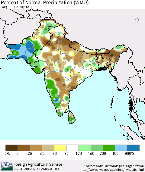 Southern Asia Percent of Normal Precipitation (WMO) Thematic Map For 8/3/2020 - 8/9/2020