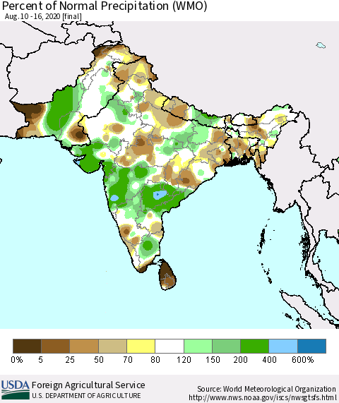 Southern Asia Percent of Normal Precipitation (WMO) Thematic Map For 8/10/2020 - 8/16/2020
