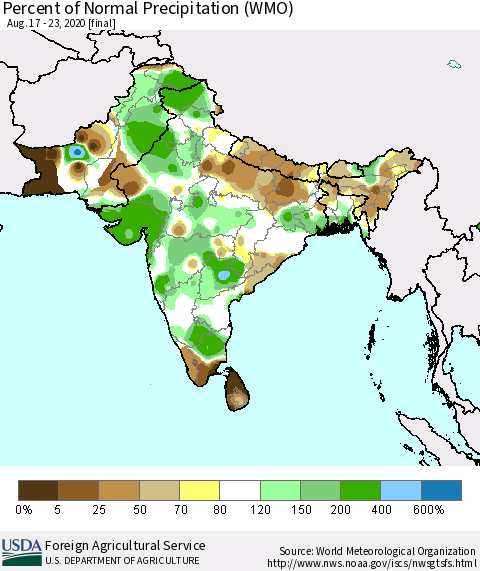 Southern Asia Percent of Normal Precipitation (WMO) Thematic Map For 8/17/2020 - 8/23/2020