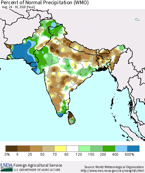 Southern Asia Percent of Normal Precipitation (WMO) Thematic Map For 8/24/2020 - 8/30/2020