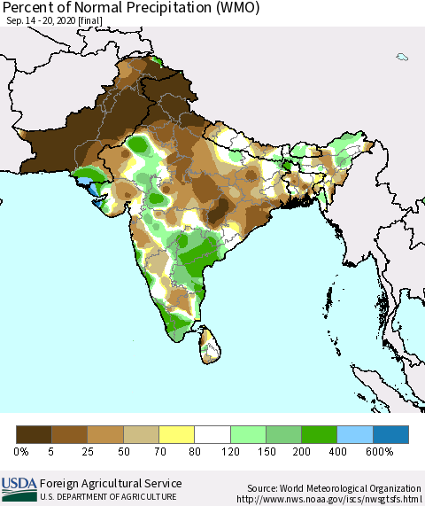 Southern Asia Percent of Normal Precipitation (WMO) Thematic Map For 9/14/2020 - 9/20/2020