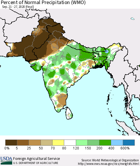 Southern Asia Percent of Normal Precipitation (WMO) Thematic Map For 9/21/2020 - 9/27/2020