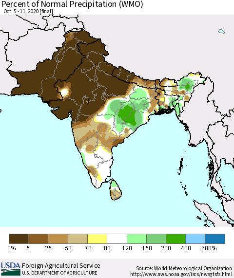 Southern Asia Percent of Normal Precipitation (WMO) Thematic Map For 10/5/2020 - 10/11/2020