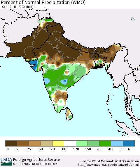 Southern Asia Percent of Normal Precipitation (WMO) Thematic Map For 10/12/2020 - 10/18/2020