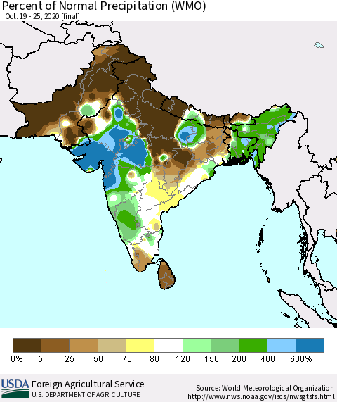 Southern Asia Percent of Normal Precipitation (WMO) Thematic Map For 10/19/2020 - 10/25/2020