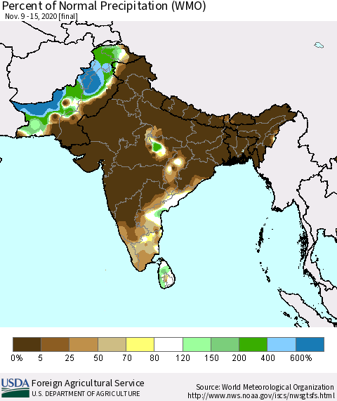 Southern Asia Percent of Normal Precipitation (WMO) Thematic Map For 11/9/2020 - 11/15/2020
