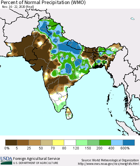 Southern Asia Percent of Normal Precipitation (WMO) Thematic Map For 11/16/2020 - 11/22/2020
