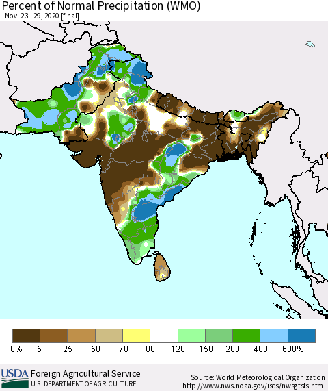 Southern Asia Percent of Normal Precipitation (WMO) Thematic Map For 11/23/2020 - 11/29/2020