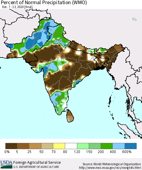 Southern Asia Percent of Normal Precipitation (WMO) Thematic Map For 12/7/2020 - 12/13/2020