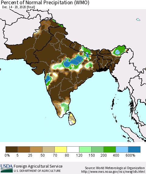 Southern Asia Percent of Normal Precipitation (WMO) Thematic Map For 12/14/2020 - 12/20/2020
