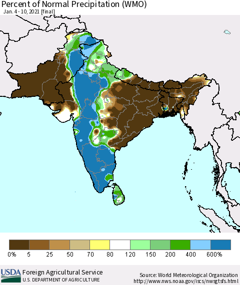 Southern Asia Percent of Normal Precipitation (WMO) Thematic Map For 1/4/2021 - 1/10/2021