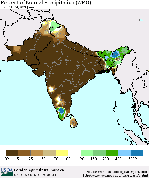 Southern Asia Percent of Normal Precipitation (WMO) Thematic Map For 1/18/2021 - 1/24/2021