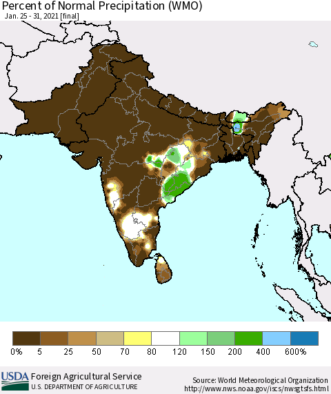 Southern Asia Percent of Normal Precipitation (WMO) Thematic Map For 1/25/2021 - 1/31/2021