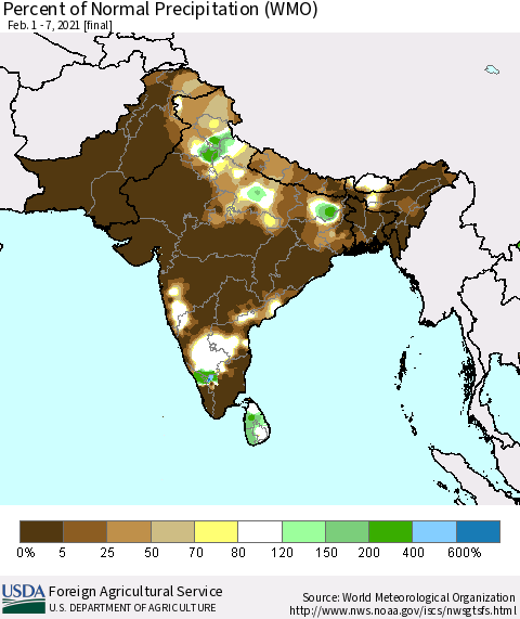 Southern Asia Percent of Normal Precipitation (WMO) Thematic Map For 2/1/2021 - 2/7/2021