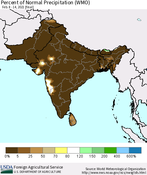 Southern Asia Percent of Normal Precipitation (WMO) Thematic Map For 2/8/2021 - 2/14/2021