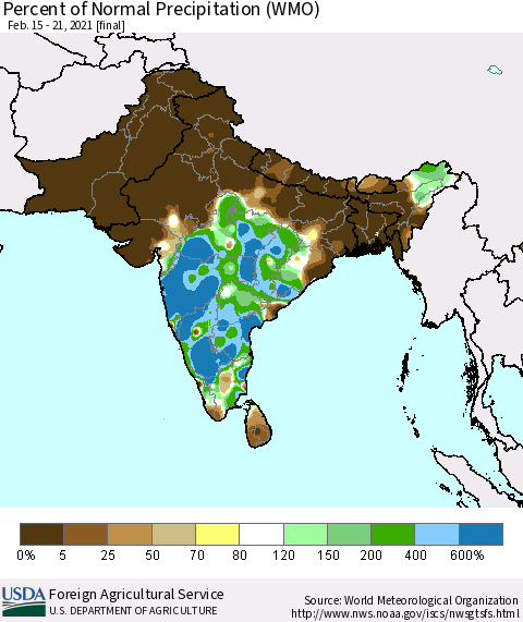 Southern Asia Percent of Normal Precipitation (WMO) Thematic Map For 2/15/2021 - 2/21/2021
