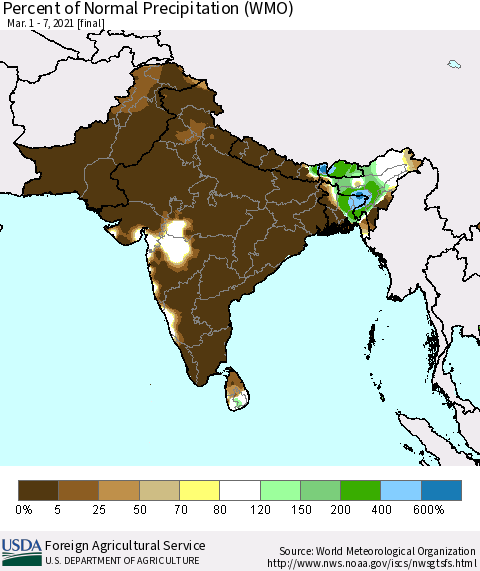 Southern Asia Percent of Normal Precipitation (WMO) Thematic Map For 3/1/2021 - 3/7/2021