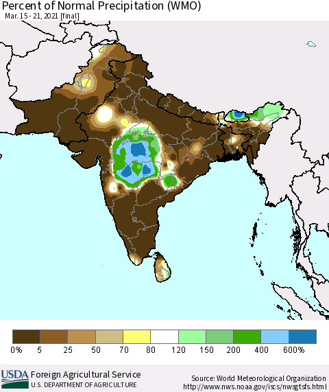 Southern Asia Percent of Normal Precipitation (WMO) Thematic Map For 3/15/2021 - 3/21/2021