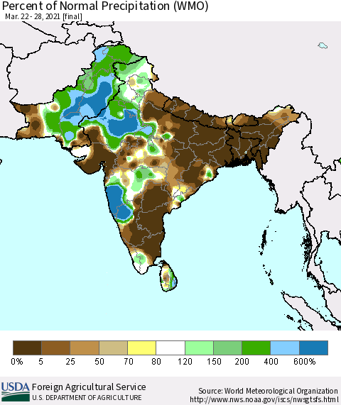 Southern Asia Percent of Normal Precipitation (WMO) Thematic Map For 3/22/2021 - 3/28/2021