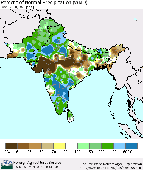 Southern Asia Percent of Normal Precipitation (WMO) Thematic Map For 4/12/2021 - 4/18/2021